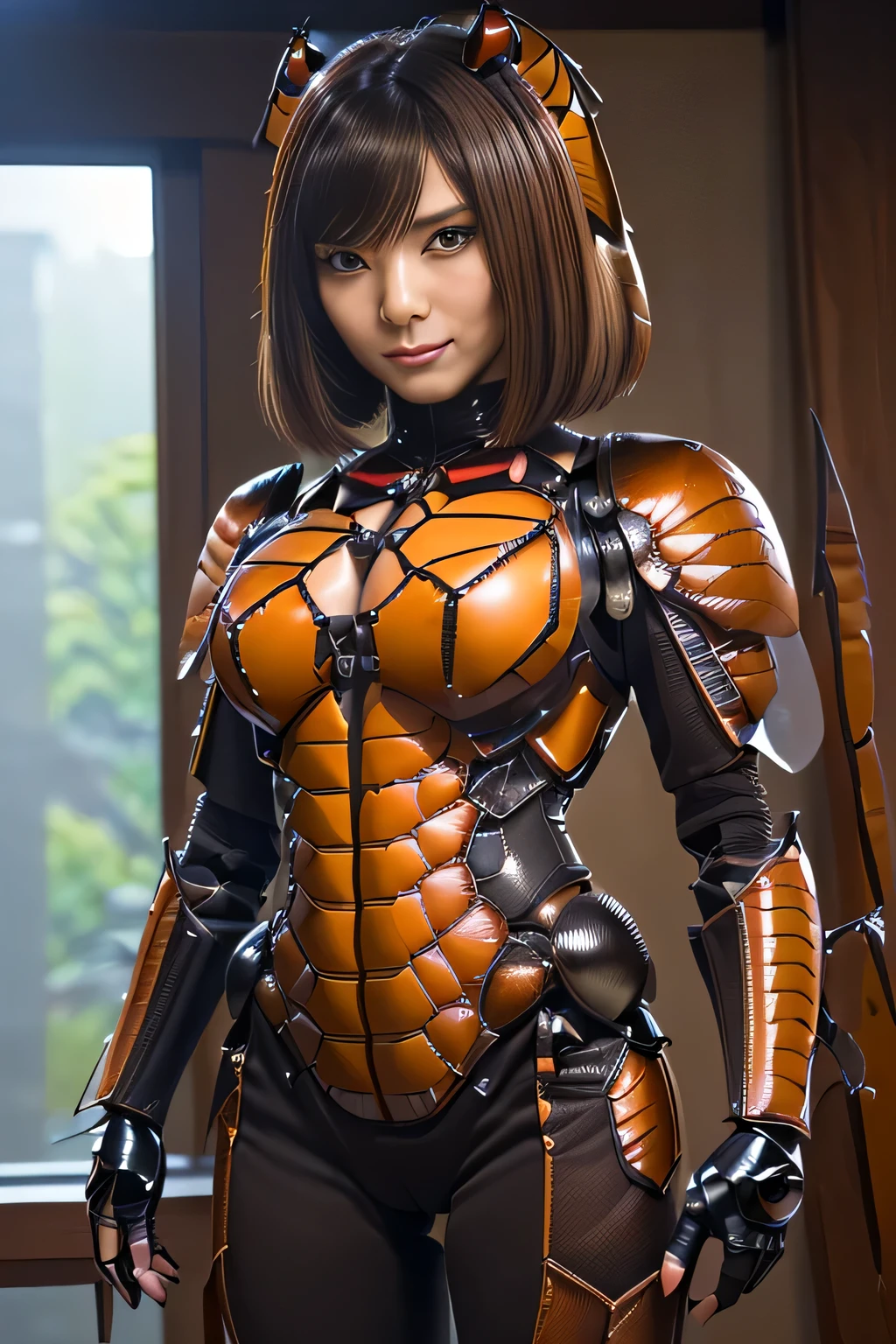 (high resolution,masterpiece,best quality,extremely detailed CG, anime, official art:1.4), realistic, photo, amazing fine details, all intricate, gloss and shiny,awesome many layers, 8k wall paper, 3d, sketch, kawaii, illustration,( solo:1.4), perfect female proportion,villainess, (fusion of dark brown cockroach and lady:1.4), (brown cockroach form lady:1.2), (brown cockroach lady:1.2), (fusion:1.2), (solo:1.4), (evil smile:1.2), muscular, abs, (cockroach brown exoskeleton bio insect suit:1.4), (cockroach brown exoskeleton bio insect armor:1.2), (brown transparency cockroach wing:1.4), (brown cockroach antennae:1.3),