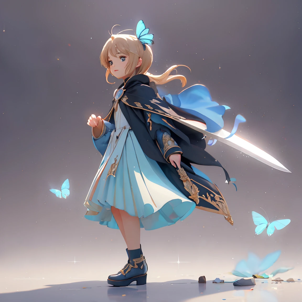  anime style,Woman holding a sword,  a woman holds a sword in front of her body  .,blonde,Long Hair,  wearing a black cloak  ,  blue eyes  ,Sparkling Eyes,Sparkling Eyesのハイライト ドレスの衣装,Wear a black cloak  , A blue butterfly flutters its wings  ,  noble atmosphere,  a dazzling sword illuminates the world  ,  emphasizes a woman with a proud face  ,The background is space,low angle masterpiece,Best Quality,Exquisite,8k,  absurd,Ultra-detailed illustrations,( Viewers )