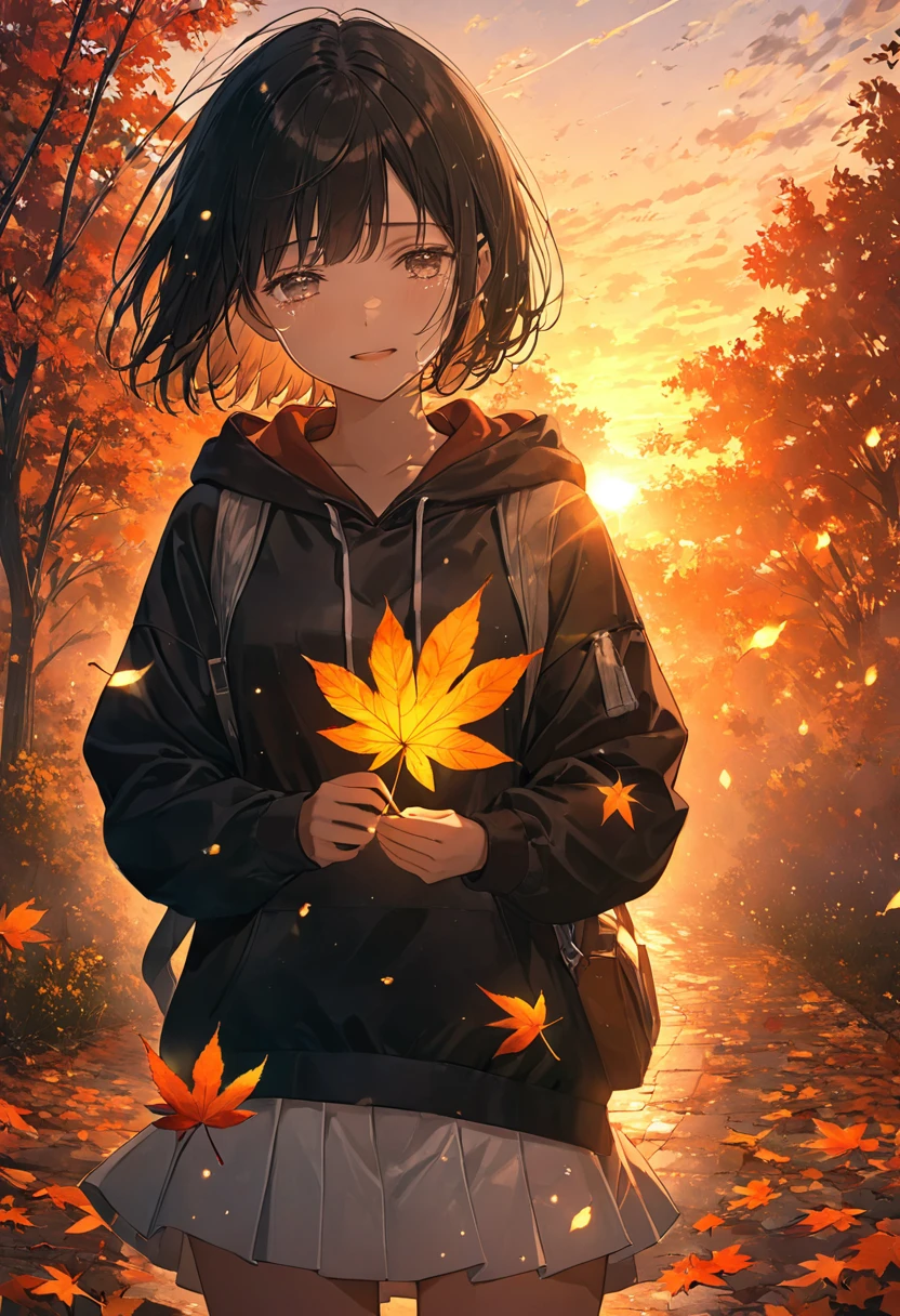 anime、(( Surprisingly Absurd )),(masterpiece:1.2),超 high resolution,  Attention to Details , High image quality,  high resolution, 最High image quality, 4K, 8k、Woman holding a leaf in her hand、autumn leavesの並木、 standing alone、 crying、autumn leaves、red、orange、Illuminate、Hope is the theme、Emphasis on women、short hair、Black Hair、 black hoodie、 white miniskirt 、A gentle face、Look this way、kind、sunset、Leaves are scattered