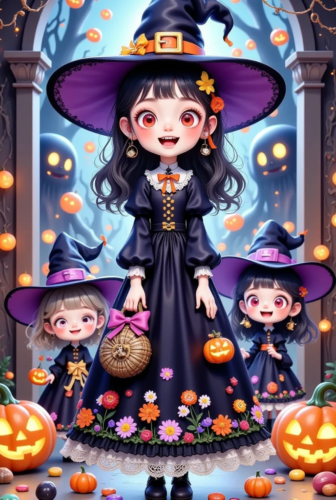 A cartoon image of three people dressed as witches, Digital art by Android Jones , ArtStation Trends , Gothic art, Halloween art style, cute detailed digital art, Halloween Candy, cute art style, Halloween scene, Halloween theme, cute digital art, 🍁 cute, Official Fan Art, Halloween Celebrations, 可怕但很迷人 , Weird art style, Scary cute