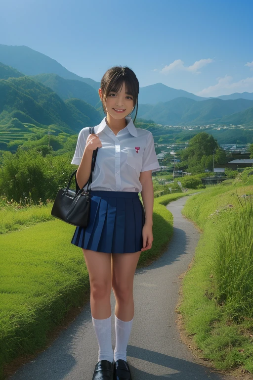  1japanese girl, white short sleeve collared shirt, white folded socks, pleated skirt, black loafers, lower ponytail, bangs, school bag, standing, smile, japanese countryside scenery, BREAK, (full body shot:1.5), (toes:1.3), BREAK, (masterpiece, best quality:1.4), (8k, raw photo, photorealistic:1.2), ultra high res, detailed skin, detailed face, detailed eyes 