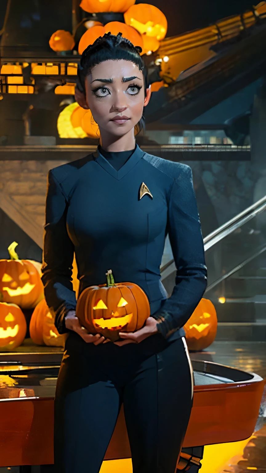 Ruth Negga,((( masterpiece ))),((The best quality))), ( Big breasts, pointed ears:1.2, Long, wide and heavy falling ),(wearing a blue star trek snw uniform black pants:1.1),( Vulcan girl sitting in a pumpkin wagon in the mountains）, ((shoulder length straight black hair:1.3)) ，Halloween Blue Night , super realistic, Pumpkin carriages bright orange , （big moon）， ((Pumpkins around her:1.2)), pumpkin on the mountain , cloudy, detailed art, cinematic art , 24K Ultra HD resolution , blurred background, hyper-high detail
