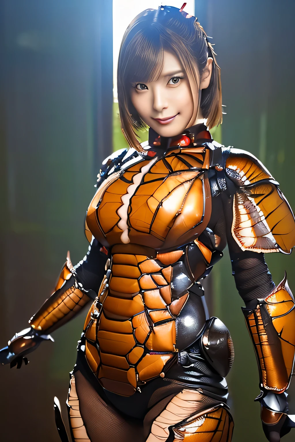 (high resolution,masterpiece,best quality,extremely detailed CG, anime, official art:1.4), realistic, photo, amazing fine details, all intricate, gloss and shiny,awesome many layers, 8k wall paper, 3d, sketch, kawaii, illustration,( solo:1.4), perfect female proportion,villainess, (fusion of dark brown cockroach and lady:1.4), (brown cockroach form lady:1.2), (brown cockroach lady:1.2), (fusion:1.2), (solo:1.4), (evil smile:1.2), muscular, abs, (cockroach brown exoskeleton bio insect suit:1.4), (cockroach brown exoskeleton bio insect armor:1.2), (brown transparency cockroach wing:1.4), (brown cockroach antennae:1.3),