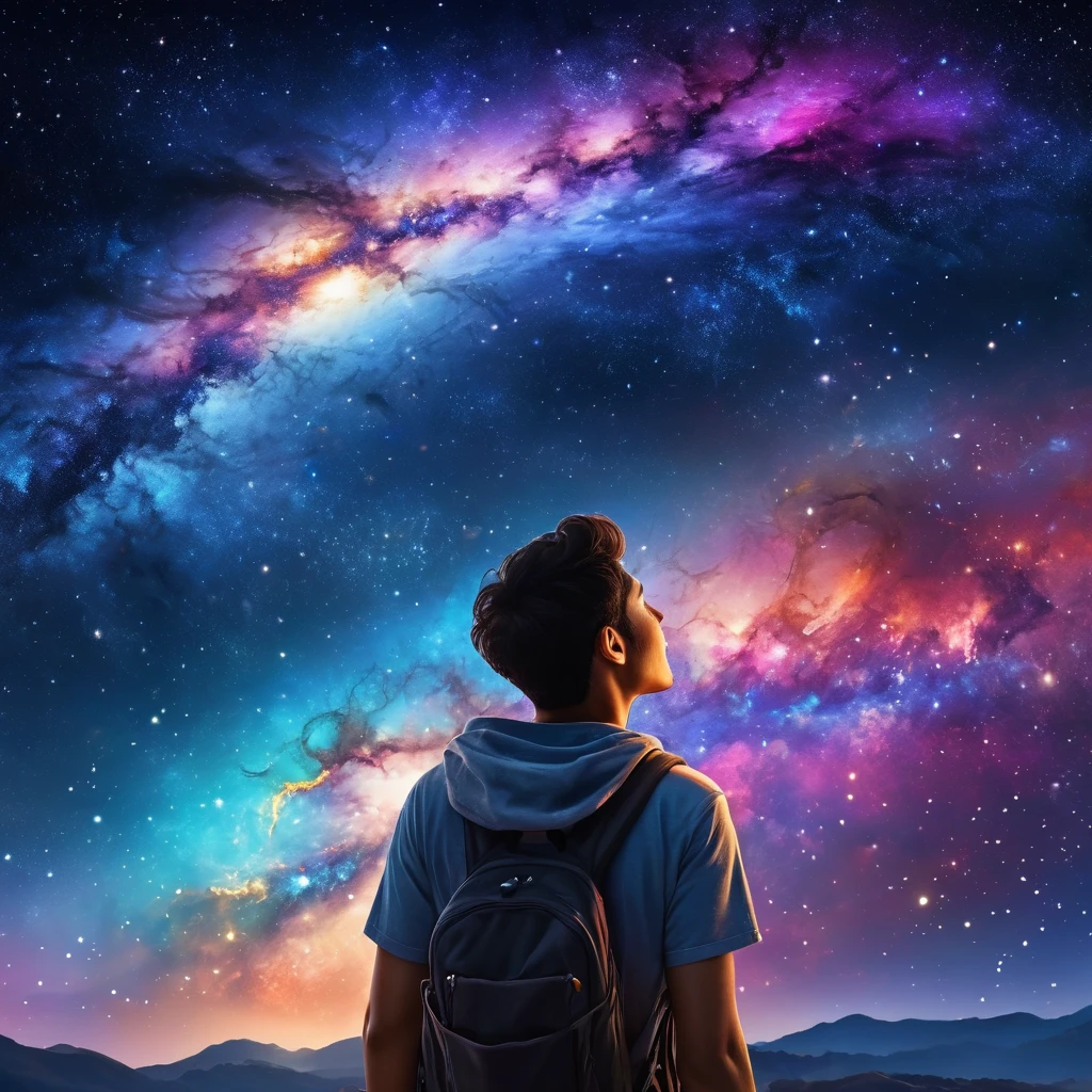 High Detail, Super Detail, Ultra-high resolution, man enjoying time asy galaxy, Surrounded by stars, The warm light shines on her, Background is starry sky，There are colorful galaxies and galaxy clouds, Stars flew around her, Delicate face, Add a fun atmosphere , 