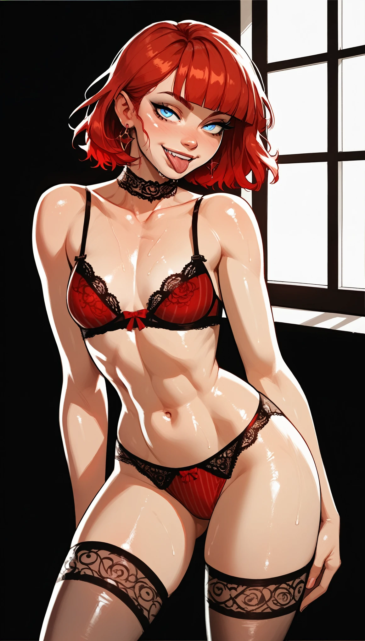 Expressiveh, sensual girl, cold stare, sexy, small breasts,score_9, score_8_up, score_7_up, red hair, short, straight bangs, bob style, lace choker, blue eyes, hot demon girl, source_anime, haughty, muscled thighs, bold sexy pink bra, lace, red panties, bold sexy panties, two-color panties, red striped panties, in the apartment, in the room, window, legs slightly open, front view, legs open, malicious smile, tongue out, slightly arched backwards, tight demon black clothes, 80swa, shiny skin, wet, perfect face, beautiful girl, beautiful face, cute girl face, she smile with flushed cheeks, with a seductive look, pink lightings, sexy tight stockings, ass, huge ass, perfect rounded ass, dark skin