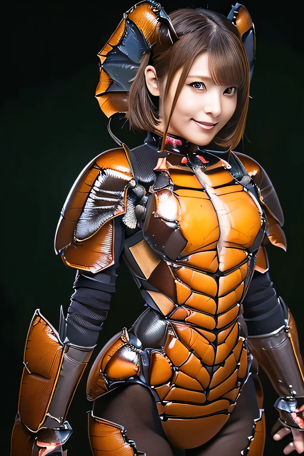 (high resolution,masterpiece,best quality,extremely detailed CG, anime, official art:1.4), realistic, photo, amazing fine details, all intricate, gloss and shiny,awesome many layers, 8k wall paper, 3d, sketch, kawaii, illustration,( solo:1.4), perfect female proportion,villainess, (fusion of dark brown cockroach and lady:1.4), (brown cockroach form lady:1.2), (brown cockroach lady:1.2), (fusion:1.2), (solo:1.4), (evil smile:1.2), muscular, abs, (cockroach brown exoskeleton bio insect suit:1.4), (cockroach brown exoskeleton bio insect armor:1.2), (brown transparency cockroach wing:1.4), (brown cockroach antennae:1.3),