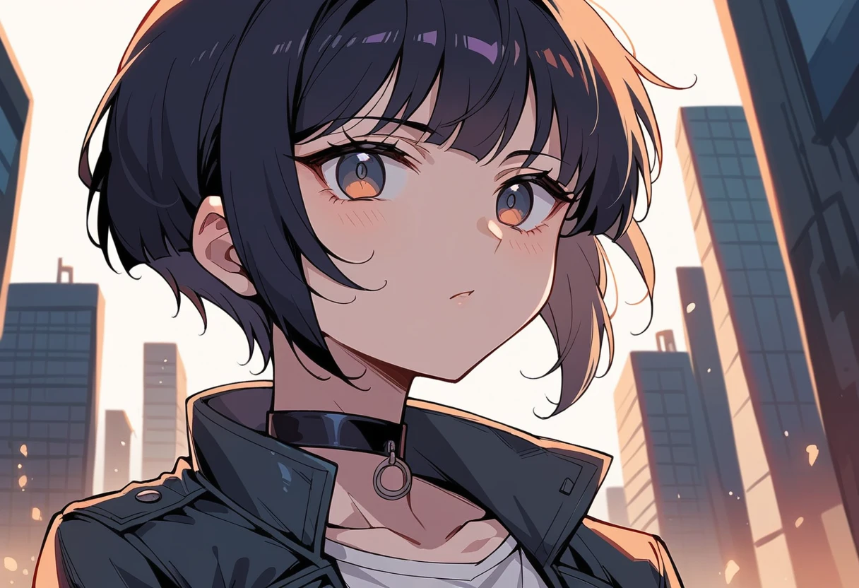 Create a manga-style drawing of a young woman with short, straight dark hair, wearing a black choker and jacket. She has delicate freckles on her face, with a relaxed yet confident expression. Background shows a cityscape at dusk, with subtle lighting to convey an urban atmosphere.