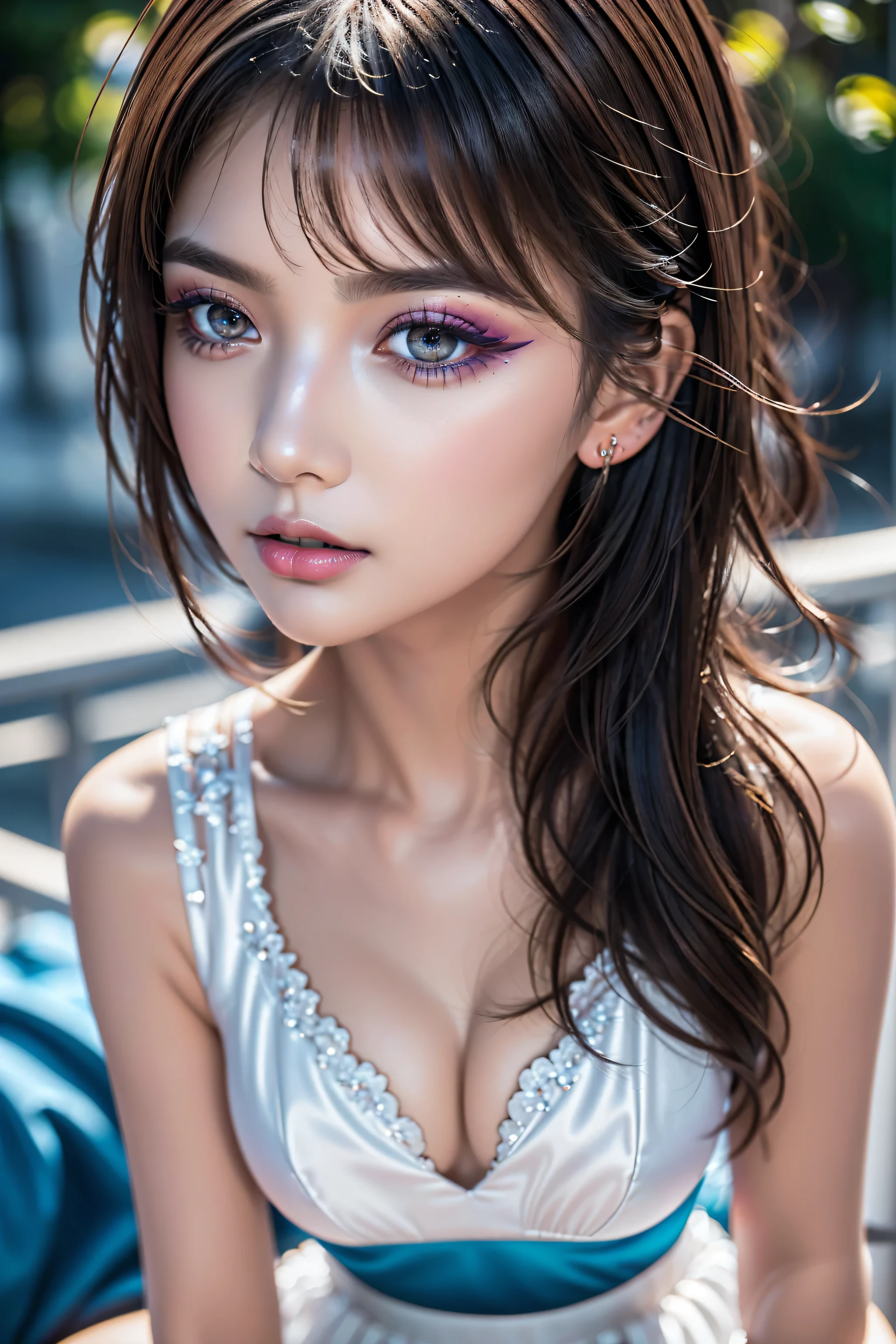 Quality\Realistic,(photorealistic Realism),((high resolution)),((intricately detailed digital art)),ultra realistic texture skin,ultra realistic texture hair,ultra quality,professional photography,ray trace,golden ratio\),Eyes\(sharp focus,no blurry, absurd quality,Realistic brown_eyes:1.32),(extremely fine details eyes),((close up of a woman's eyes:1.4)),(perfect round eyes:1.4),(finely detailed pupils,(extremely fine details of pupils:1.3)),(extremely fine details of iris:1.3),((Vibrant eye digital art:delicately painted in mesmerizing array of colors:1.3)\),wear makeup\(professional makeup:1.3),(Thin eyebrows),Carefully draw Long eyelashes(blue_lashes:1.25),((perfect dark_eyeshadows:1.35)),detailed lips:1.3,(apply glossy red_lipstick:1.25),(pink_makeup:1.3\), (1girl:1.4) 21years old、fashion supermodel、cinematic lighting, (Increase quality:1.2), Ferry, long hair, FerryBase, thighhighs, bare shoulders, jewelry, (Intricately detailed((sleeveless, white dress, blue skirt, gloves))), (bed room, bed, wooden floor, sitting, sitting on bed), ((hands on legs, subtle smile)), full body, wide hips, medium breasts