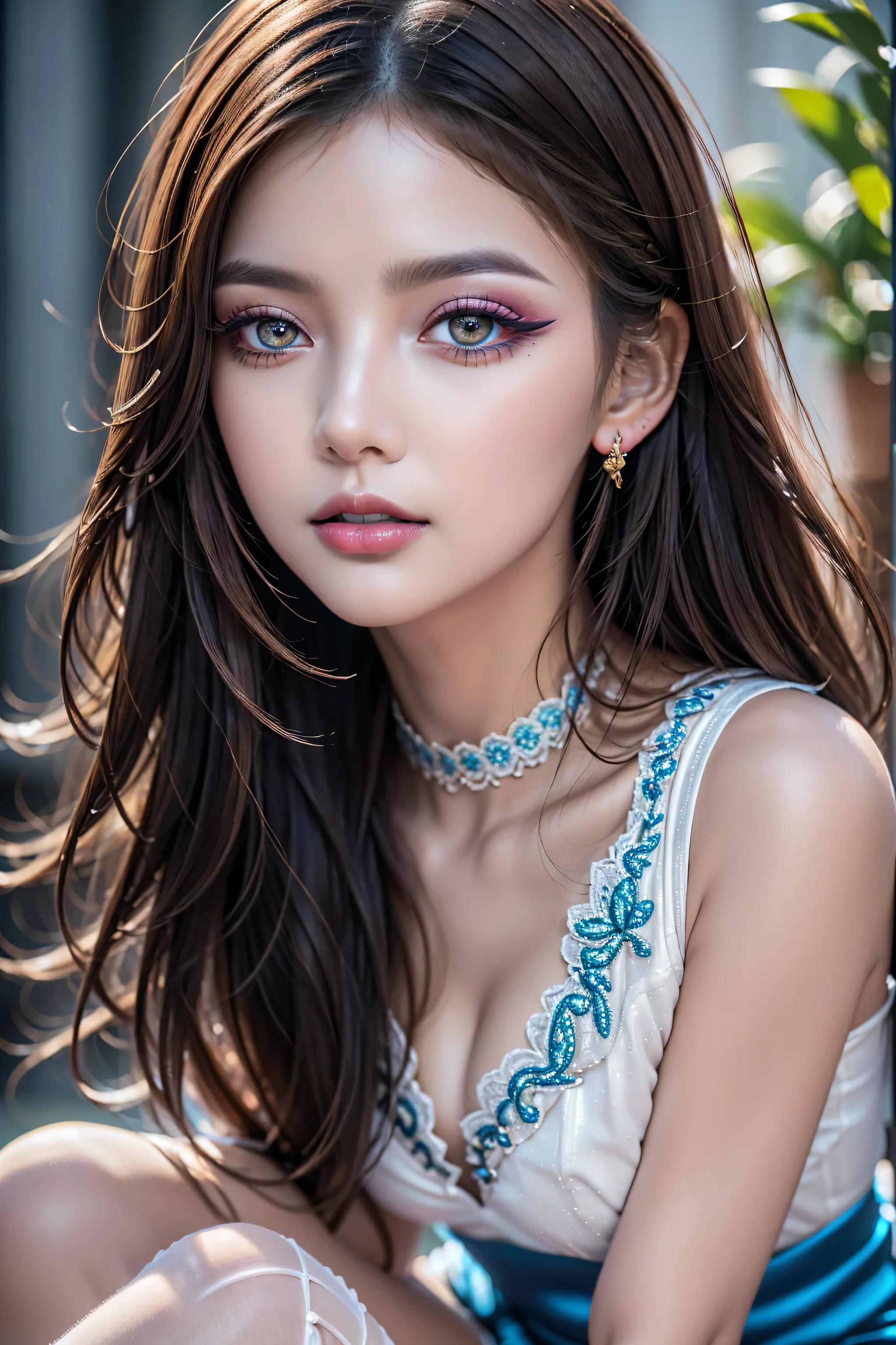 Quality\Realistic,(photorealistic Realism),((high resolution)),((intricately detailed digital art)),ultra realistic texture skin,ultra realistic texture hair,ultra quality,professional photography,ray trace,golden ratio\),Eyes\(sharp focus,no blurry, absurd quality,Realistic brown_eyes:1.32),(extremely fine details eyes),((close up of a woman's eyes:1.4)),(perfect round eyes:1.4),(finely detailed pupils,(extremely fine details of pupils:1.3)),(extremely fine details of iris:1.3),((Vibrant eye digital art:delicately painted in mesmerizing array of colors:1.3)\),wear makeup\(professional makeup:1.3),(Thin eyebrows),Carefully draw Long eyelashes(blue_lashes:1.25),((perfect dark_eyeshadows:1.35)),detailed lips:1.3,(apply glossy red_lipstick:1.25),(pink_makeup:1.3\), (1girl:1.4) 21years old、fashion supermodel、cinematic lighting, (Increase quality:1.2), Ferry, long hair, FerryBase, thighhighs, bare shoulders, jewelry, (Intricately detailed((sleeveless, white dress, blue skirt, gloves))), (bed room, bed, wooden floor, sitting, sitting on bed), ((hands on legs, subtle smile)), full body, wide hips, medium breasts