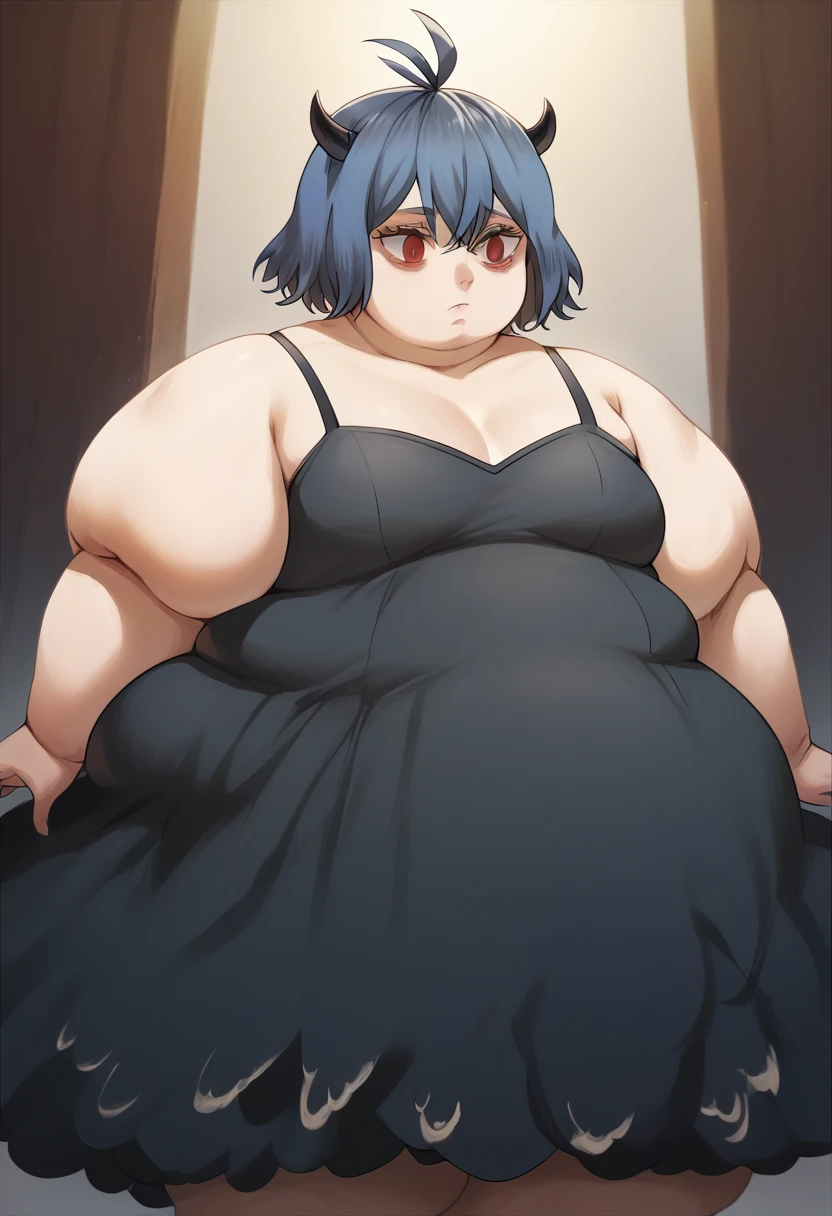 masterpiece, detailed eyes, best quality, high resolution, nero_bc, short hair, red eyes, horns, blue hair, antenna hair, collarbone, dress, black dress, bare shoulders, fat, chubby, obese