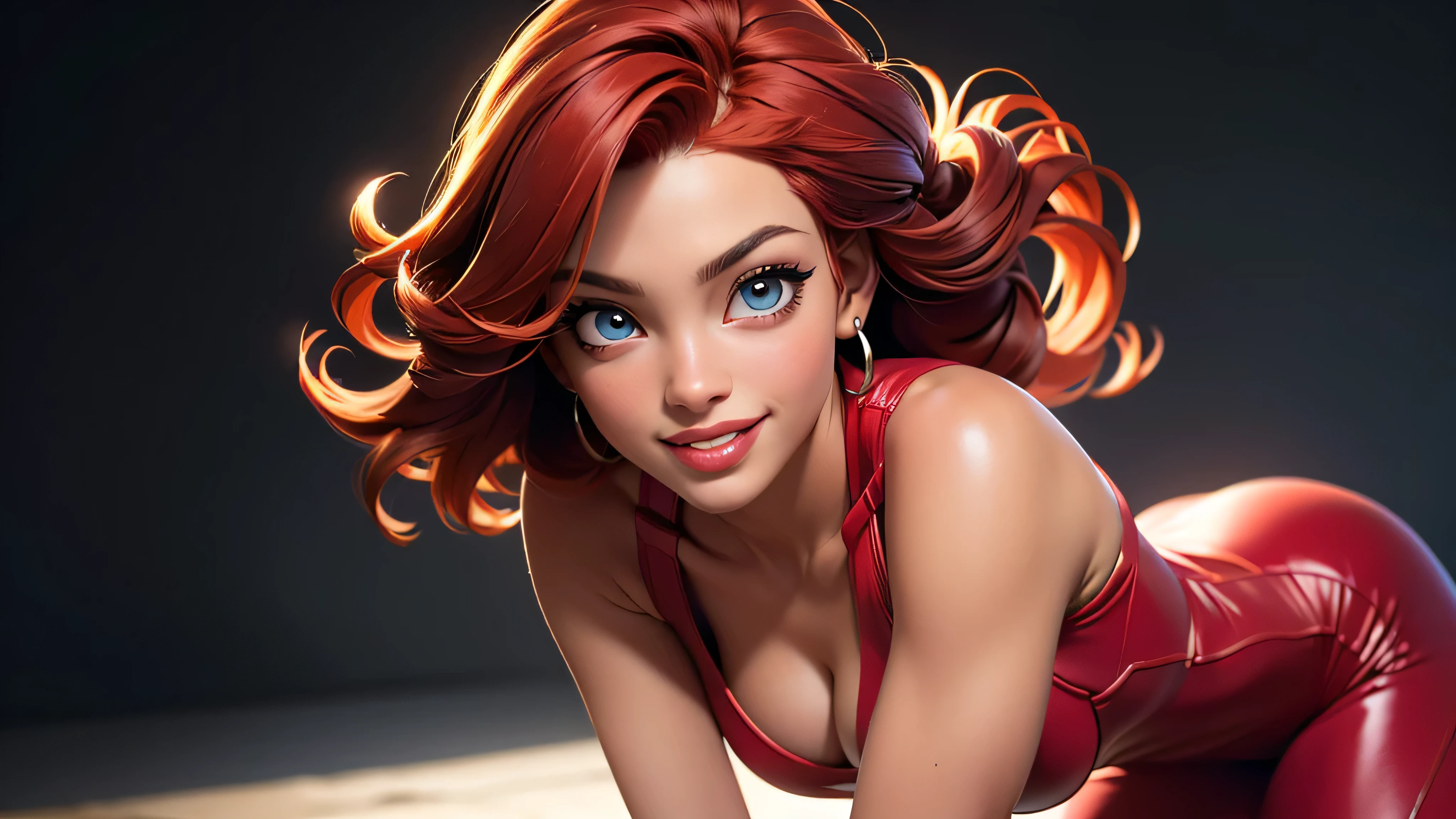 (sexy happy coy smile, lips apart 2 front teeth, light auburn haired young woman, one raised eyebrow, ,perfect body, dynamic posing, crawling directly to camera, ,tight skin body suite black with red accent, active shot, siper hero landing pose, model, cleavage,stage,luxury hall),(oil painting),(detailed face,beautiful eyes,detailed lips),(best quality,highres:1.2),(realistic),(portrait),(vibrant colors),(soft lighting) 22 year old, happy