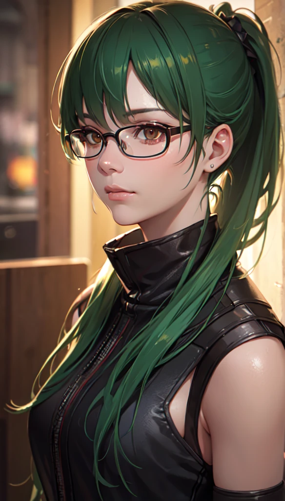  photorealistic , (4K),  depth of field , (masterpiece), ( realistic skin texture ),  extremely detailed, Complex, Super detailed,  professional photos, Bokeh,  high resolution, Sharp details, Best Quality,  girl,  green hair ,  ponytail, Glasses,  Brown Eyes , Sorcerer&#39;s Uniform,  blue jacket ,   blue skirt  , Black leggings, Lift one leg、Take off your pants、 pants pull down 、Pussy juice、 I pee、Peeing、Urinating