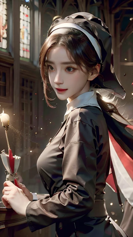 best quality, high quality, ultra quality,8k , masterpiece, detailed, extremely detailed, insanely detailed, ultra detailed, ultra highres ,exquisite, lifelike Images,cinematic experience,UHD picture,Realistic,photorealistic,hyperrealistic,vivid,RAW photo,shot by DSLR,
Japanese woman,(Nun),nun's uniform, Fighting Style, (Church:1.2), Facing forward,Turn your body forward, Gold decoration