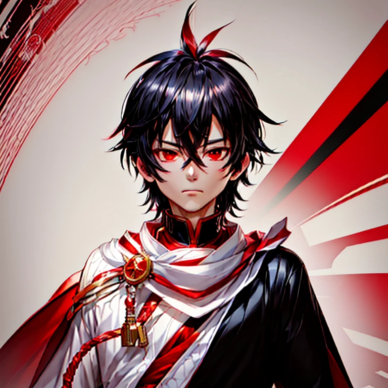 anime boy with black hair and red cape and white shirt, inspired by Okumura Masanobu, detailed  Anime character  art, male  Anime character , young anime, okata kazuto,  handsome japanese demon boy ,   handsome boy with demon hunter art  ,  Anime character ,  Anime character  art, Illustration by Shigenori Soejima, anime boy, Key anime art