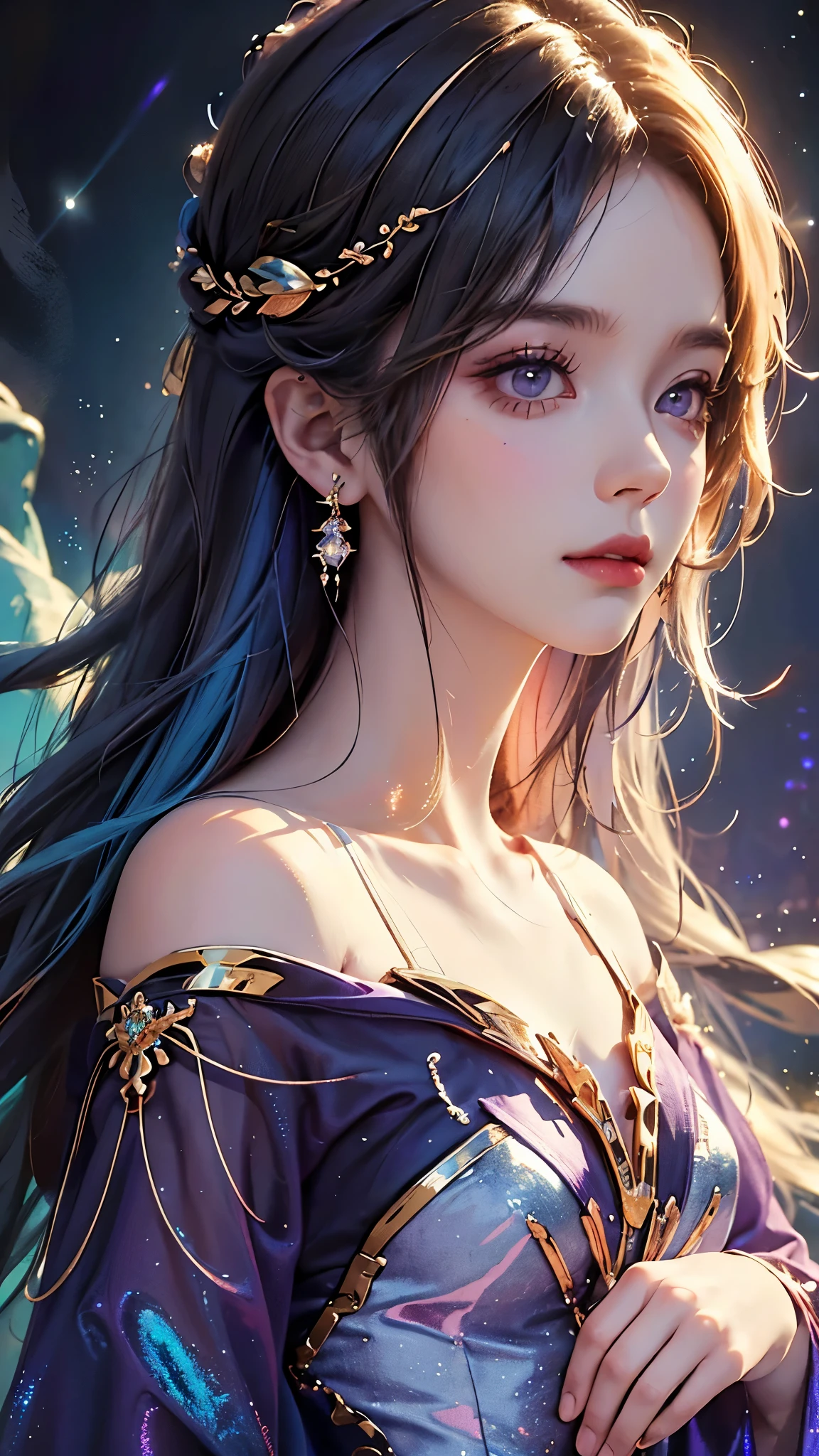 bottom: Mysterious quantum environment, Cosmic elements and ethereal atmosphere,A mix of bright lights and colorful nebulae. theme: A mysterious girl with a magical aura. She has a lot of time, Colorful wavy curls, The bright hair stands out. Her eyes are deep and expressive, Universe of reflection. She wore a flowing dress in purple and blue.., With intricate details and mysterious textures. Color palette : A combination of mysterious shades such as cosmic purple, celeste, Soft pink and a golden touch. Create contrasts, Increase depth, dark color, Like dark purple or night blue. esthetic: Aesthetics combine elements of Mistycore, Known for its mysterious and ethereal atmosphere, and crystal nuclei, With its crystal clear clarity and brilliant details. The girl exudes magical energy,Her presence hovers over her,fascinating. covered with: Keep subtle bright effects and glow overlays around the girl, covered with: Adds a soft glow effect around the girl and the crystal, Seems to exude magic. Also, Add small flash details Enhances the ethereal atmosphere, Full body capture.(Beautiful and detailed eye description),Unreal Engine:1.4,UHD,La mejor calidad:1.4, ( photorealistic :1.4),( Textura de la piel:1.4), ( masterpiece :1.8)
