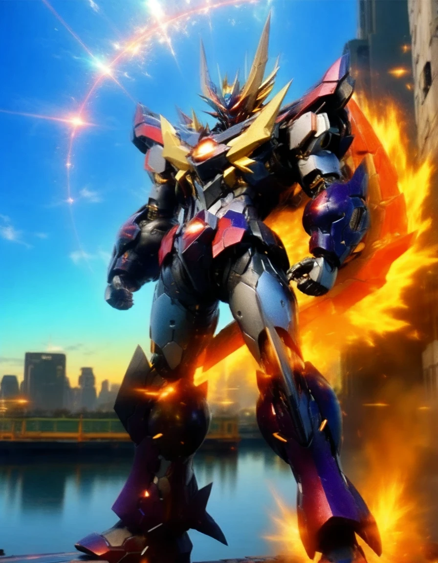 Humanoid Mecha, Fully enclosed shoulder guards, Matching arm and leg guards, whole body, Full Armor, Super Robot, Robust and agile design, ( the concept Inspired by Super Robot, Lion concept chest armor, Temporarily stop, Standing, Floating above a futuristic sci-fi city), Exquisite and mature art style, (Aura effect, Energy, Glowing Eyes, Armor Shines), ((ＳＲＳ)), metallic, dramatic, High resolution, Best Quality, High resolution, Very detailed, Ultra-fine painting, Very delicate, professional, Perfect body professional potion, Anatomically correct, Symmetrical face, Very detailed目と顔, High quality eyes, creativity, RAW Photos, 超High resolution, 32K, Natural Light, Cinema Lighting, masterpiece-anatomy-perfect, masterpiece:1.5