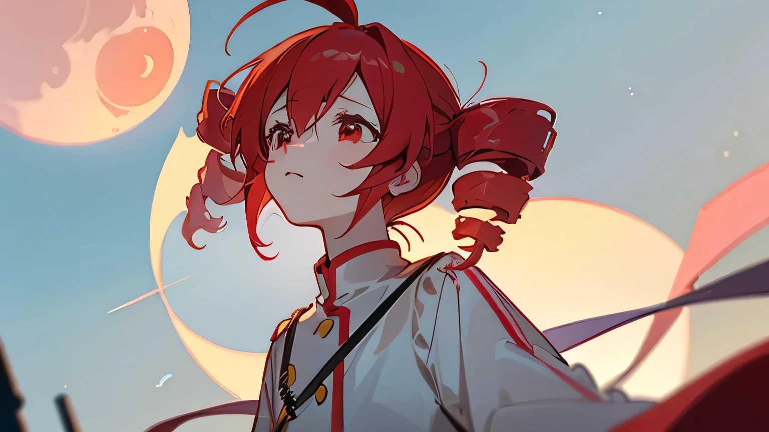 cute、 one girl playing pranks、Best Quality、dense lines、Delicately express each strand of hair ((masterpiece))、tet、Kasaneteto、 TWIN DRILL HAIR、Sad expression、evening、Redhead、 Neat clothes with a beautiful gray color,,、 curly red hair like a drill 、red eyes、School rooftop、 look up at the sky、 Look Away 、 look up at the sky角度、Sad look, Looking up at the moon in the night sky