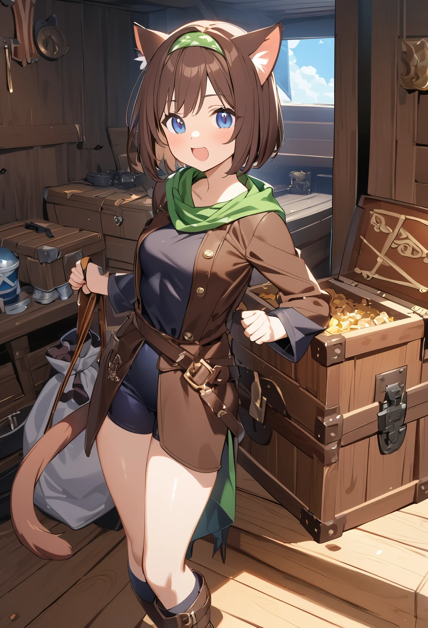 Best Quality、 one girl、ender body、 small breasts、 Shiny Brown Hair 、 pattern with three red whiskers、 short bob、Cat ears and tail、Dark blue eyes、Light brown skin、Proud expression、Thief Costume、Green Bandana、brown leather clothes 、spats、Inside the ship、Wooden box、I'm packing my treasure in a bag