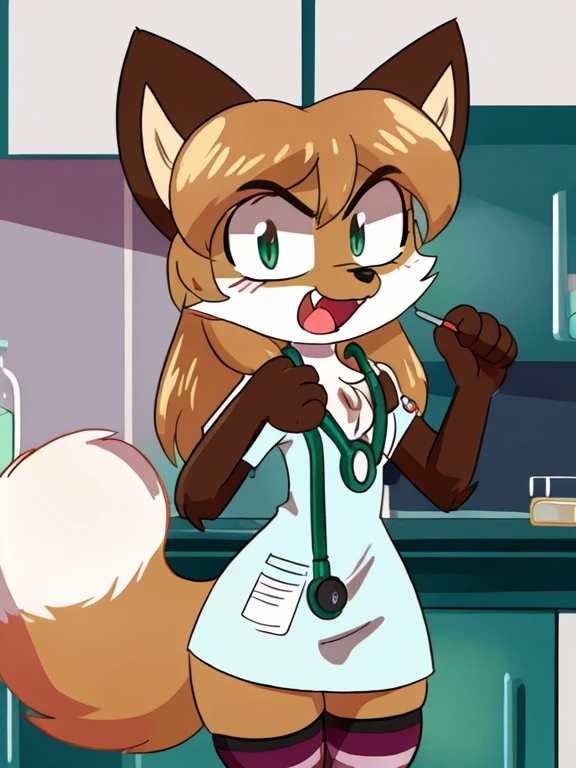 uploaded the e621, beautiful and detailed, woman (((female))) ((anthro)) Fox, (Averi, Fox girl), cinematic lighting, Fox, (anthro, fluffy fur), anthro fox girl, body fur, curvy, sexy, nice, cute, hot, comfortable anime-style cartoon-style, digital drawing, SFW, flat chest, green eyes, angry, smiling, nervous smile, sassy, sassy hips, [smug], fangs, open mouth, looking at viewer, ((doctor uniform, wearing long white lab coat, open lab coat revealing chest, wearing white dress, wearing stethoscope around neck, wearing sexy striped thigh highs, striped thigh high sock))