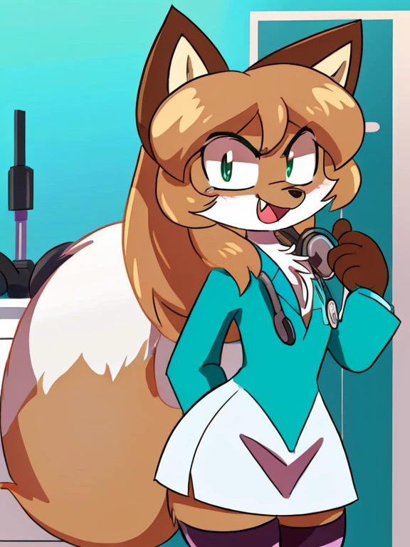 uploaded the e621, beautiful and detailed, woman (((female))) ((anthro)) Fox, (Averi, Fox girl), cinematic lighting, Fox, (anthro, fluffy fur), anthro fox girl, body fur, curvy, sexy, nice, cute, hot, comfortable anime-style cartoon-style, digital drawing, SFW, flat chest, green eyes, angry, smiling, nervous smile, sassy, sassy hips, [smug], fangs, open mouth, looking at viewer, ((doctor uniform, wearing long white lab coat, open lab coat revealing chest, wearing white dress, wearing stethoscope around neck, wearing sexy striped thigh highs, striped thigh high sock))