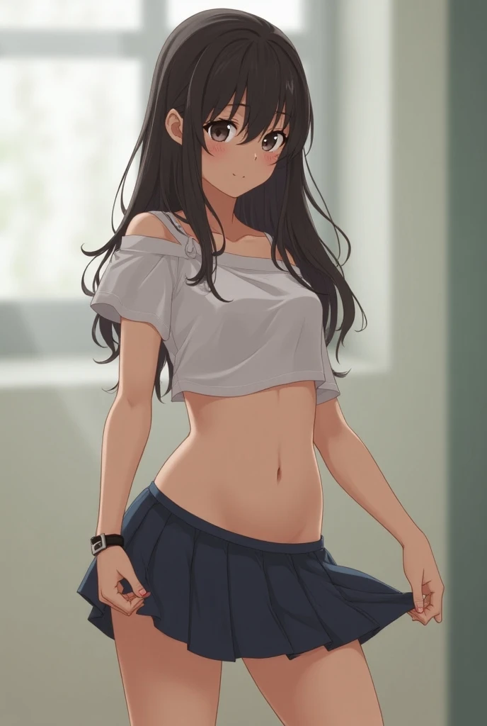 1girl、Dark brown straight hair、Golden Eyes、10 year old girl、Sharp Eyes、Black sneakers、Have acrobatic movements、Under her jersey she wears a white T-shirt that reveals her very large breasts.、ボン・キュッ・ボンの身体突きをしたgirl、The body is slightly twisted.、A white underwear with a very open chest showing the outline of her cleavage.、Grey Mutant Skirt