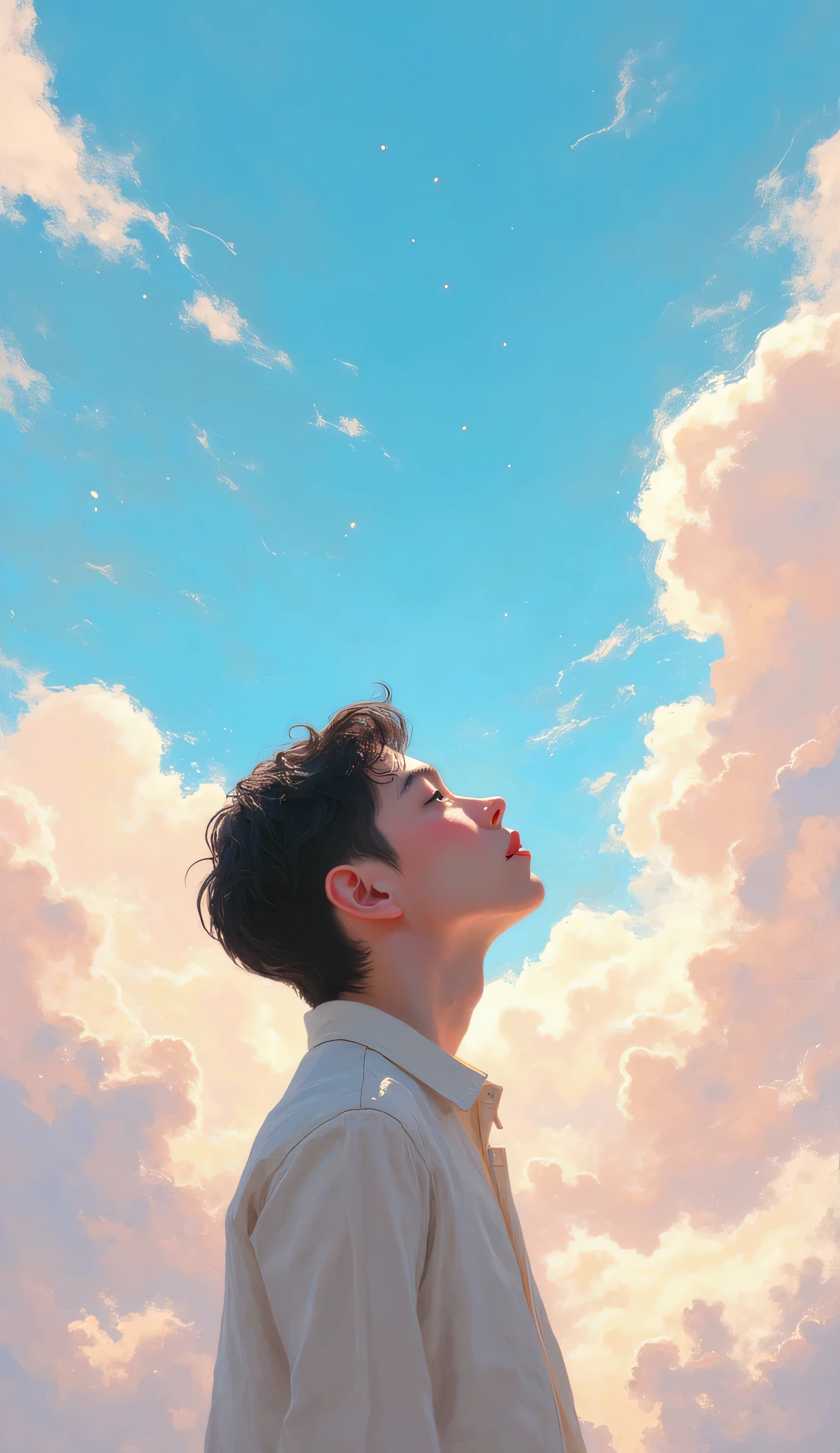 a lone figure looking up at the vast airy sky,beautiful detailed eyes,beautiful detailed lips,extremely detailed eyes and face,longeyelashes,gradient colorful background,soft pastel clouds,twinkling waves,sunlit atmosphere,dreamy ethereal,DB4RZ style painting,(best quality,4k,8k,highres,masterpiece:1.2),ultra-detailed,(realistic,photorealistic,photo-realistic:1.37),HDR,UHD,studio lighting,ultra-fine painting,sharp focus,physically-based rendering,extreme detail description,professional,vivid colors