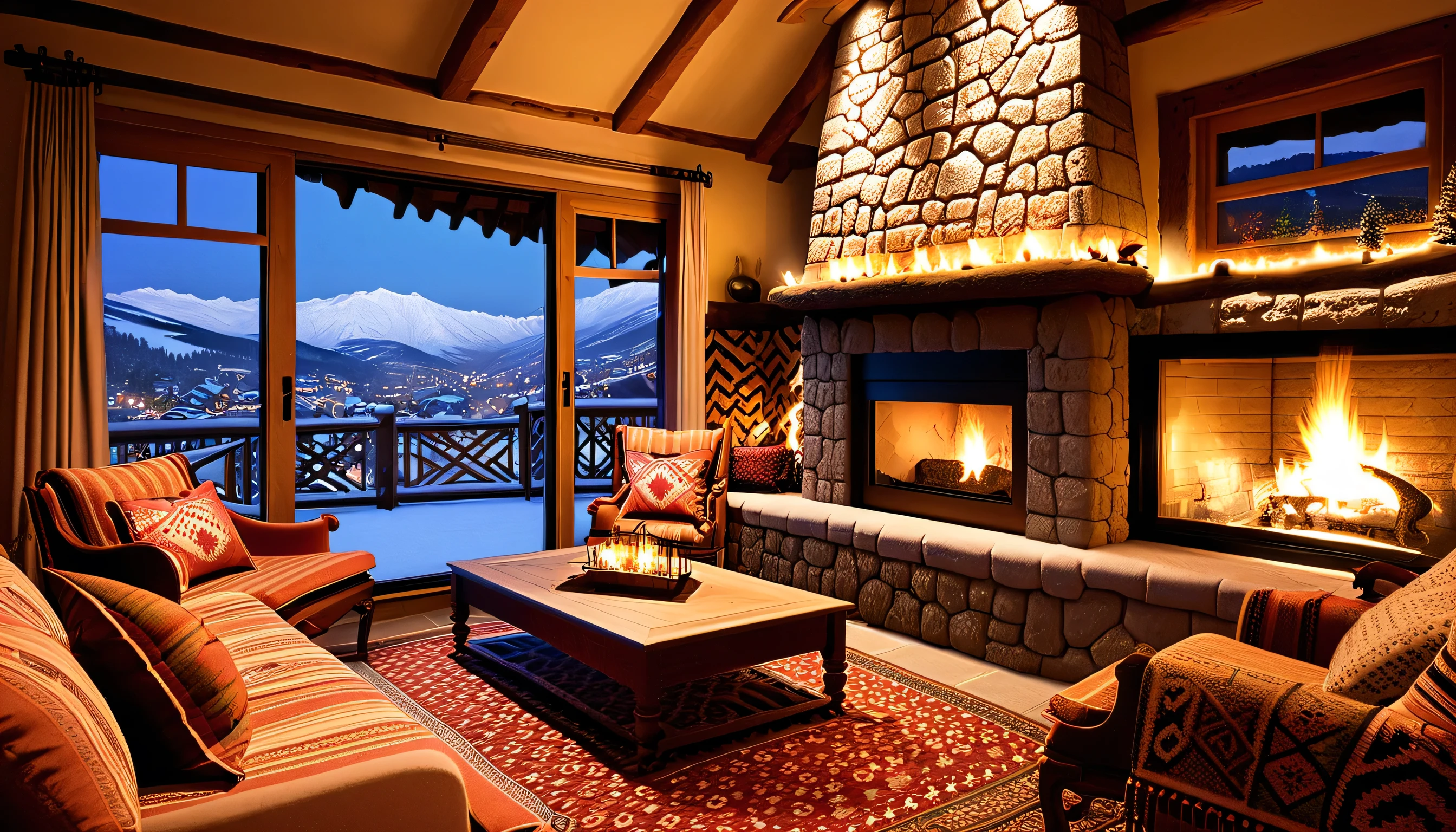  to create a cozy image ,  country interior with a burning fireplace ,  luxury seats ,  and large windows ， and a patterned carpet {x} to enhance the cozy atmosphere {x} to enjoy amazing night views of the snowy mountain village.  and warm lighting to contrast the cold ,  with flashing exterior lights . Includes details ， such as decorative pillows ,  and a patterned carpet to enhance the cozy atmosphere .