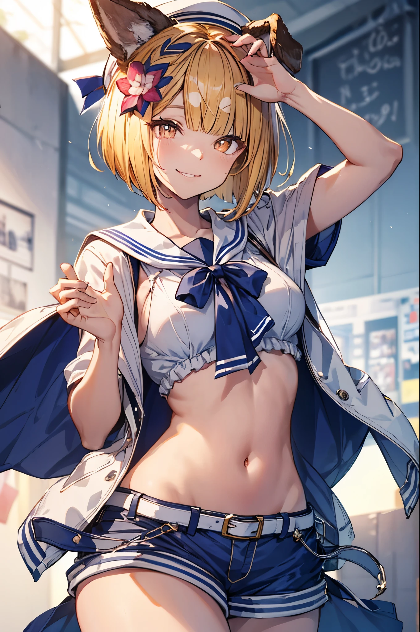 upper body,vajrasu, dog tail, hair flower, blue shorts, white shirt, sailor collar, belt, white headwear, white sailor collar,navel,smile,masterpiece,Noise Reduction,perfect anatomy,high resolution, ultra-detailed, ultra-detailed face,game cg,dutch angle ,beautiful detailed eyes,visualart,five fingers, perfect hands, perfect lighting, sparkling pupils,