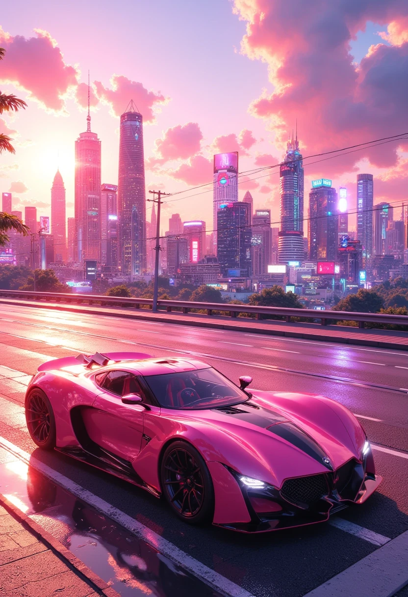 A {white|black|red|blue|pink) car is parked by the road :: pink sunset and city in the background :: 1980 :: Luxyry style :: Hyperdetailed : Ultra realistic :: cinematic :: Neon lighting :: Unreal engine :: RTX --ar 2:3, (VAZ2113),  