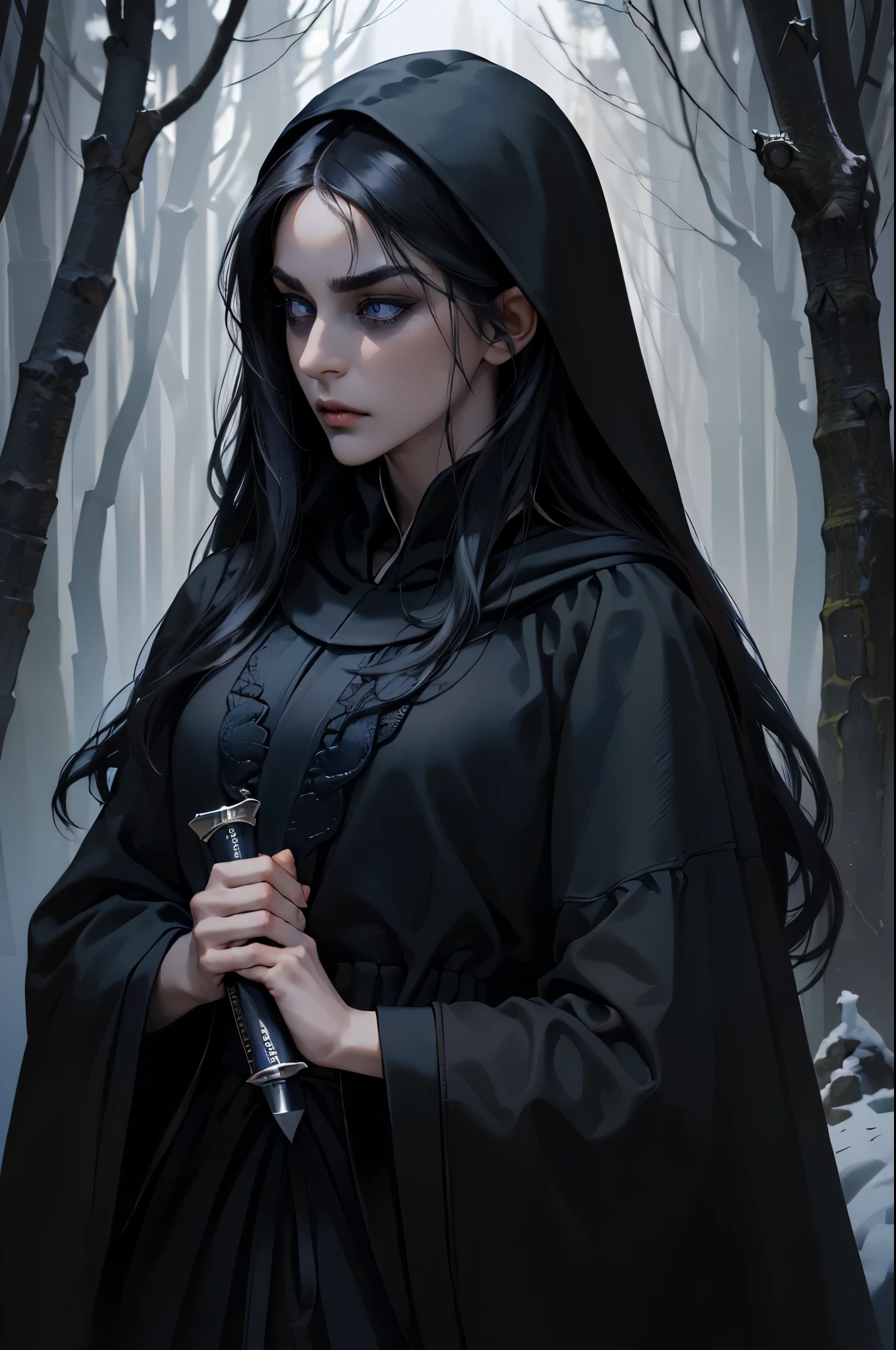 game cover, ( Digital art, digital illustration , 4K, Ultra detailed , sharp image , incredible eyes , incredible detail) 1 woman, in the hood, with a knife in hand (( black hair , long hair , long face, thin lips, serious look, detailed face, blue background {x} detailed dark blue eyes, brave,28-year-old woman,:1.3)), (looks from behind ), ((black robe, all black clothes, in the hood убийцы, knife in hand )), hides in the dark , the dark background of the forest