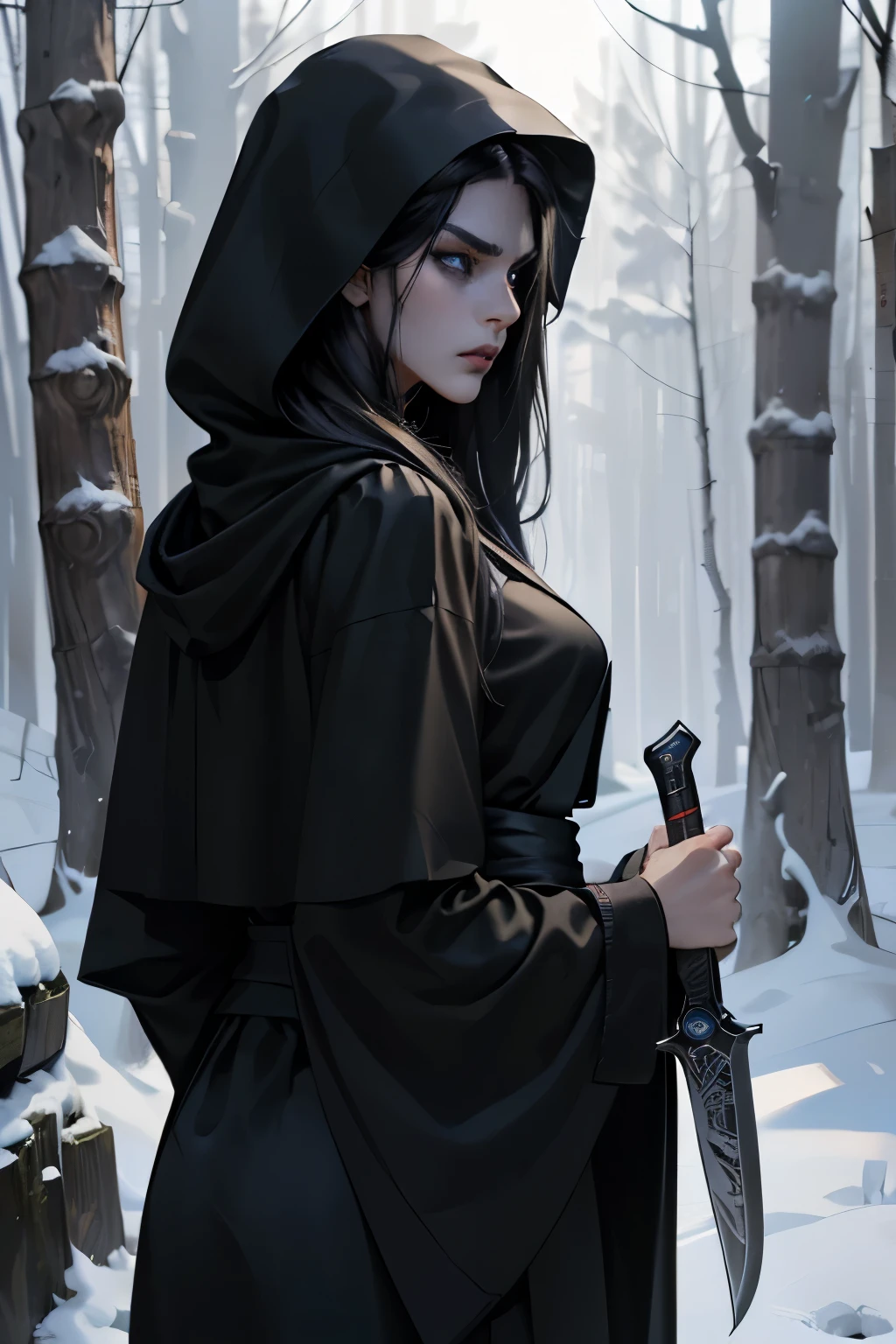 game cover, ( Digital art,  digital illustration , 4K, Ultra detailed ,  sharp image  ,  incredible eyes , incredible detail) 1 woman,  in the hood, with a knife in hand  (( black hair ,   long hair , long face, thin lips, serious look, detailed face,  blue background {x} detailed dark blue eyes, brave,28-year-old woman,:1.3)), (looks from behind ), ((black robe,  all black clothes, in the hood убийцы, knife in hand )), there is a dark forest background