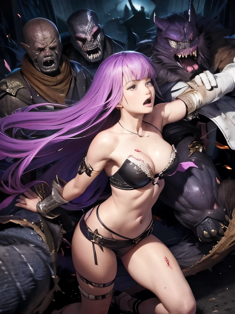 Best Quality、torture、 slave、Constraints、BDSM、Captured by a monster、Surrounded by monsters、defeat、Beautiful woman with very long purple hair、Full of wounds、White Armor（Small breasts、 cleavage、 off shoulder、Sleeveless、No elbow pads、belly button、 high leg、Exposed thighs）、White Armorのブーツ、 Tears Overflow 、Frightened expression、run away、Attacked by monsters 1:5、Many violent monsters 1:5、Monster grabs arm.　Monster attacks from behind、Monster grabs the leg、Monster Swarm 1:5、midnight、darkness、Different world、dark fantasy、Pitch Black Hell