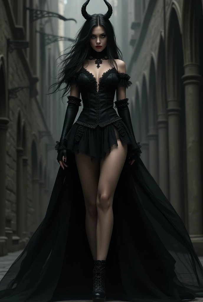 sexy charming ghostly girl with long black hair, dressed in a sexy gothic way with black pantyhose in a sinister and mysterious environment