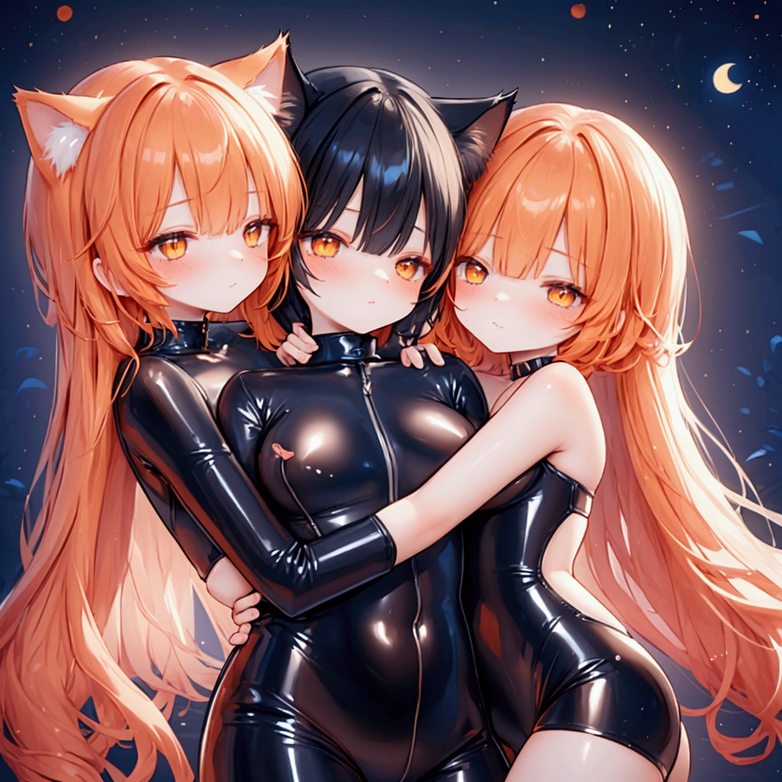 Two love couples cuddling hugging girl with orange hair cat ears wearing black latex catsuit skin tight a boy with black hair cat ears and also wearing latex catsuit back hugging cuddling couples love