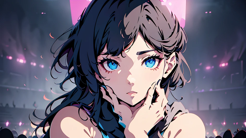 a young woman on a stage,1girl,extremely detailed eyes and face,beautiful detailed eyes,beautiful detailed lips,long eyelashes,anime style,flat design,sitting audience,stage,colorful vibrant colors,dramatic lighting,dramatic pose,dynamic composition,clean,minimalist,highly detailed