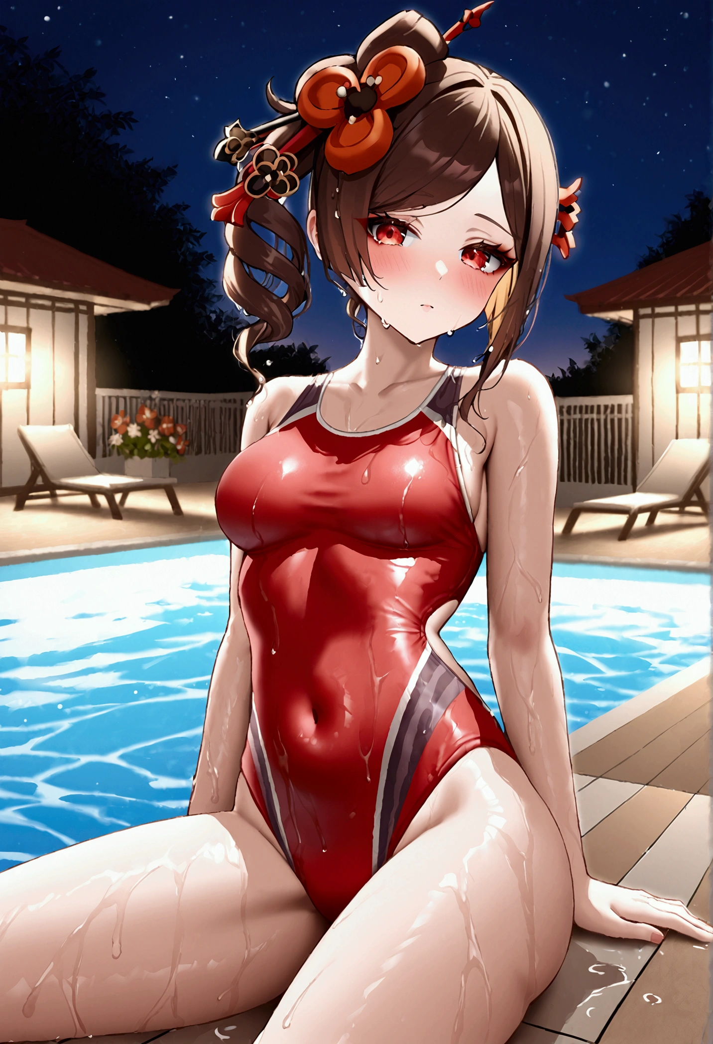 chiori, brown hair, hair ornament, red eyes, flower, hair flower, one-piece swimsuit, undersized swimsuit, sexy pose, blush, shy, Pose seductively, Posing provocatively, Wet body, pool, night, looking at viewer, Body tingling, Beautiful view, good atmosphere