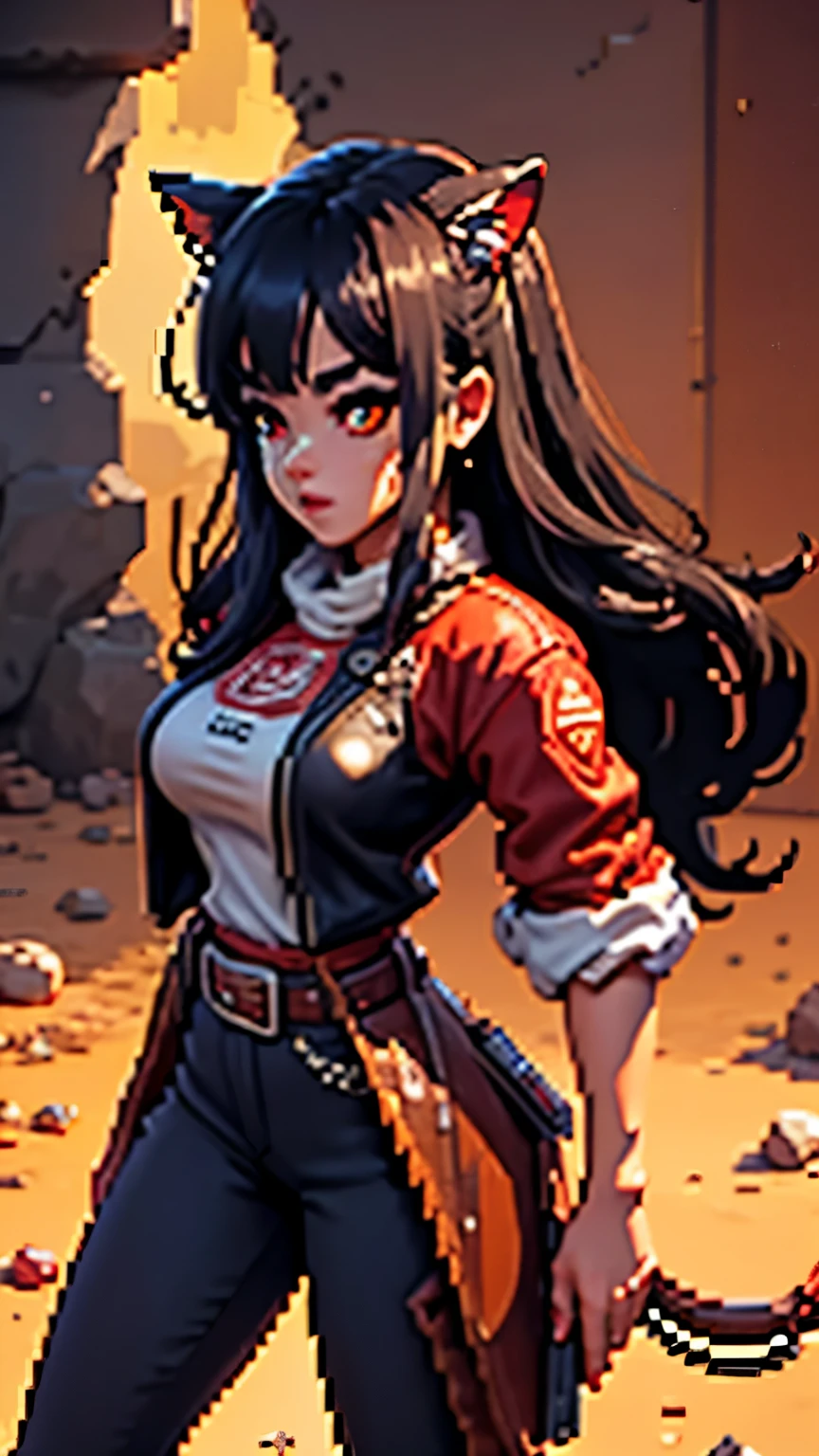 1 girl junkotvv, black hair, fringe, cat ears, red eyes, \(cowgirl,cowboy_has, belt_hebilla,blonde,floating hair, Messy hair ,Large chest,pistol holder,pistol,bullet  belt, western police badge on chest ,shooting shotpistol\),bottom\(exterior,Sunlight, western desert ,cactus,horse),,quality\(8K,bottom de pantalla de unidad CG extremadamente detallada, ​masterpiece,  high-resolution mouths  ,top-quality,top-quality real texture skin, hyperrealistic face , increase resolution ,RAW photos,La mejor quality, highly detailed ,The wallpaper , cinematic lighting ,Ray tracing,Proporción áurea\), Dynamic Pose , dynamic angle ,(((pixel))),(((pixelart)))