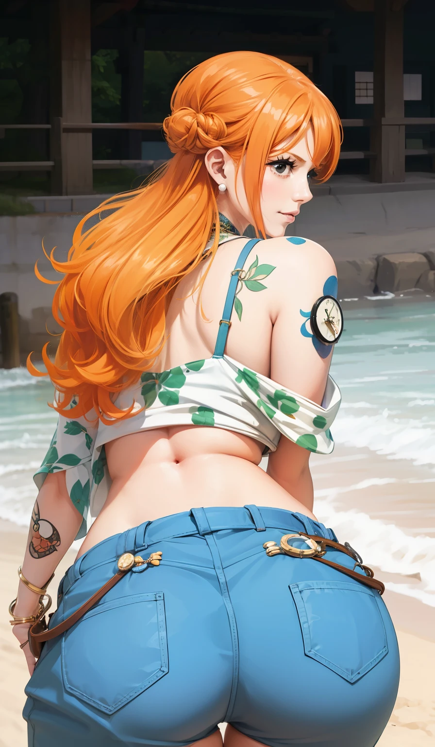 NamiFinal, nami do anime one piece orange hair, bangss, hair in a bun, attractive, attractive woman,  perfect body , perfectly shaped breasts, wearing a kimono, wearing earrings, using a watch, in the park, cherry, traditional japanese house,  Looking at the viewer,  light smile , realism, work of art, textured leather, super verbose, high detail,  high quality , best quality, 1080P, 16k