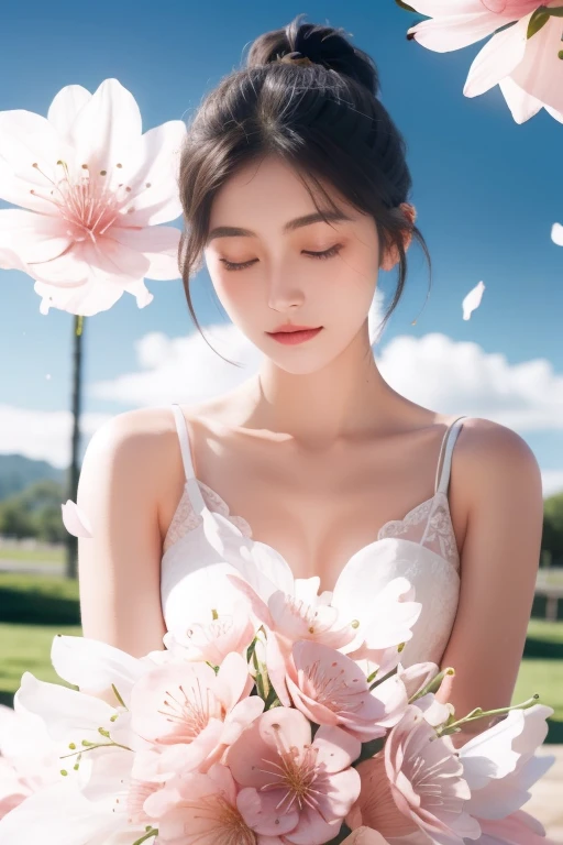 (masterpiece,   high quality , 【8k),  1 girl,  flower arrangement, safflower,petal,Cherry blossoms, outdoor 