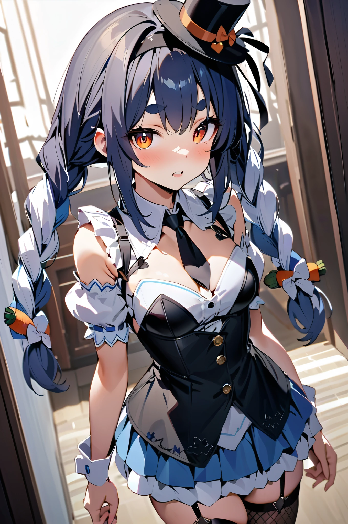 NSFW,masterpiece,Best Quality, high resolution, very detailed,Usada Pekora \( Ho****ve \), orange eyes、 thick eyebrows、False eyelashes、 black hair band、blue hair、Long Hair、mini top hat、Angled hat、 detachable collar 、short black tie、 black dress、Short dress、Sleeveless dress、 center frill 、Puffy short sleeves、 detachable sleeve 、Wrist cuffs、Blue Skirt、Fishnet stockings、 garter straps