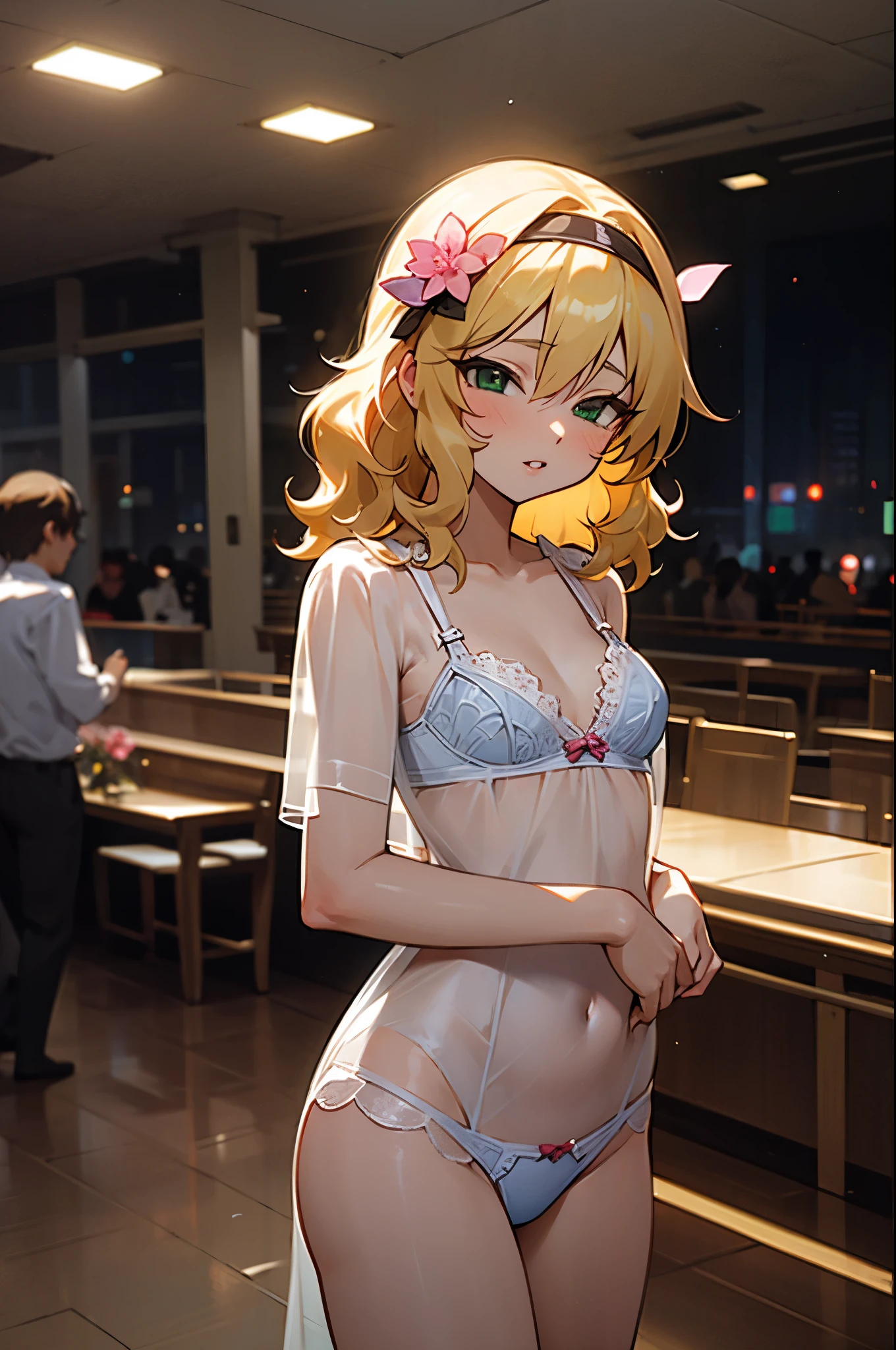 masterpiece,Best Quality, very detailed, one girl playing pranks(Sakurai Momoka, Nice small breasts, wavy hair in front of the station,blonde, Headband, Pink flower in hair,green eyes, Half-open eyes), Fascinating face , let go of her lips, nose , , In-person audience , viewers, Alone, see-through nightgown, In the bedroom, At night, standing , seduce your sexy waist ( panties), ( good), ( classmates were observing her in ), ( fancy underwear), ( lingerie),