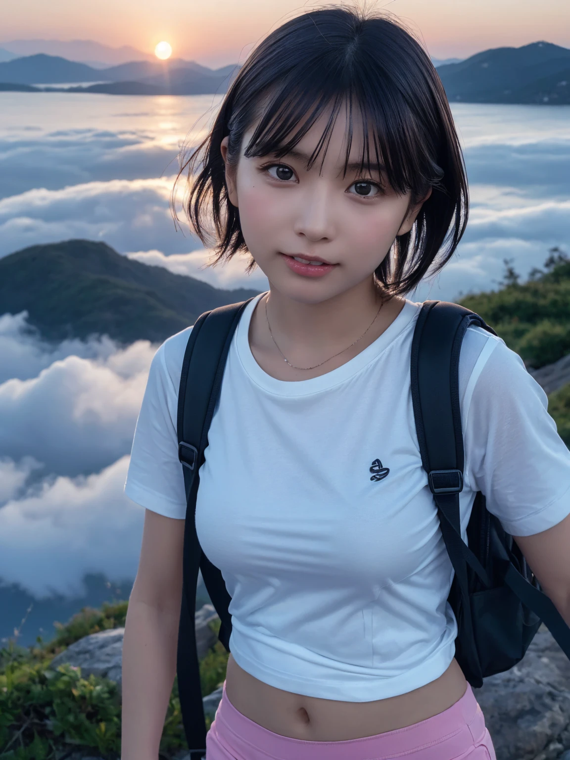 Highest quality, masterpiece, Ultra-high resolution, (Realistic:1.3), RAW Photos, (Nature landscape photography), (Majestic Mountain々The summit of the, sea of clouds), (On top of a very large mountain), (sunset), (One Girl), (Upper Body), (20-year-old), (smile:0.9), (Shiny skin), (short hair, Dark brown hair), (White T-shirt), (Tight casual shorts), (Carry a large backpack on your back), (Ultra detailed face), (Nipple erection), (Highly detailed eyes), (Highly detailed nose), (Highly detailed mouth), (Very skilled hands), (Super-detailed body), Sony a7, 85mm lens, f9.0, Pan Focus
、Luxury Panties、