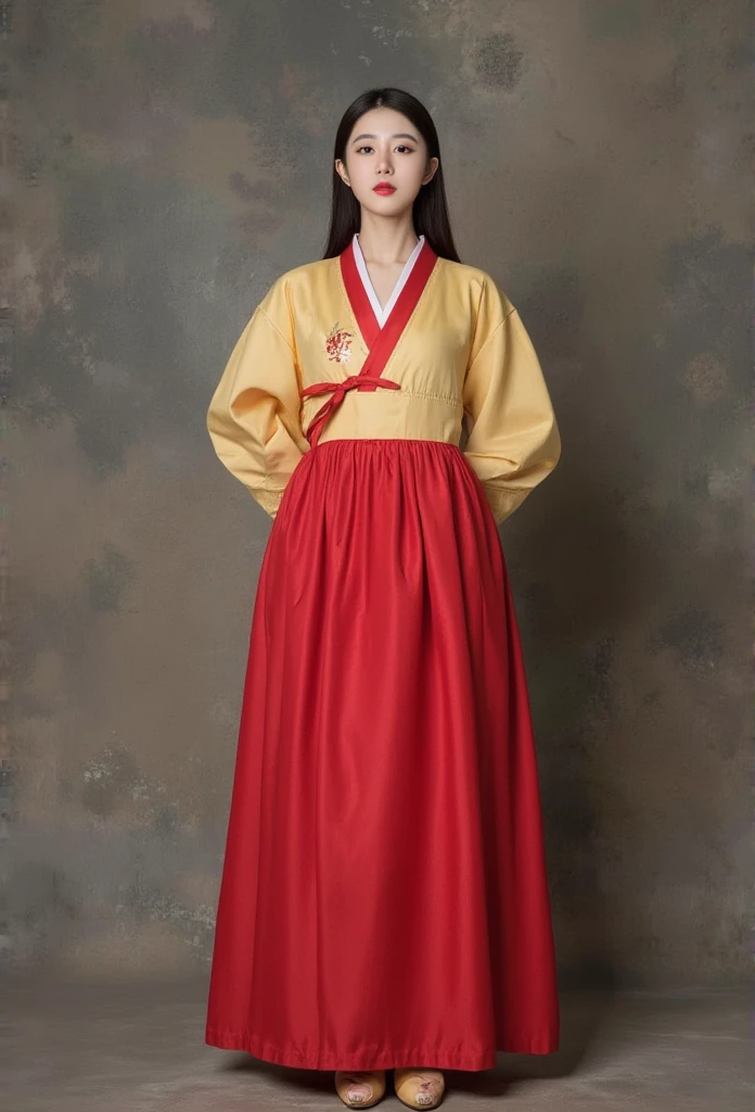 Beautiful stylist Young woman  , Slander Legs  , Korean actress face, long legs, detailed face ,     beautiful eyes ink art ,  Beautiful Lips - Please mention the design and silhouette of a traditional Korean hanbok short skirt, left waistband, wide A-line shape, elegant movement when walking, natural fibers like traditionally used silk, and vibrant colors and symbolic meanings like red and yellow, which mean happiness and prosperity. Also, decorative elements such as embroidery and skirt length are typically thighs, - The top is short and snugly attached to the body, which generally comes up to the waist. It is a tight-fitting line to the body, but it creates a natural curve because it is fastened in knots from the front of the top. The sleeves basically come down in a straight line, and the women's top is a little shorter and the curves are emphasized. It is soft and light on the skin, made of silk. It is also decorated with gold leaf, etc., and the top is short enough to rise above the waist, Shoes, standing,