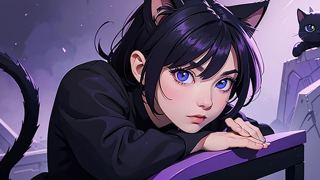 there is a black cat with blue eyes sitting on a purple surface, purple cat, cat from the void, realistic anime cat, anime cat, with bright purple eyes , anime visual of a cute cat, adorable digital painting, warrior cats fan art, cat. digital painting, purple glowing eyes, WLOP painting style, animal de ensueño ojos lindos, in a painting of a cat