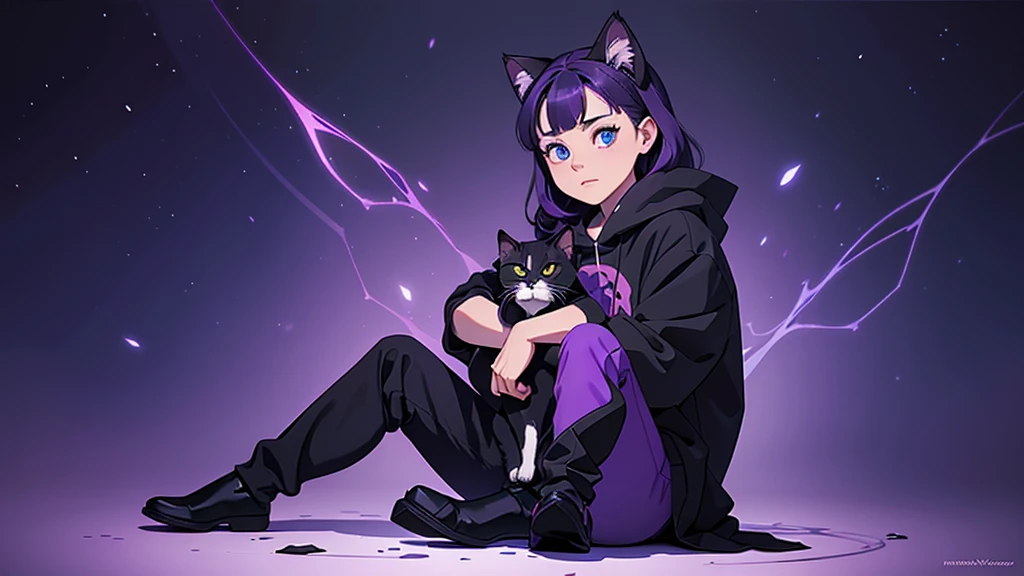 there is a black Cat with blue eyes sitting on a purple surface, a  Digital painting by Martina Krupičková, trend in deviantart, furry art, purple Cat, Cat from the void, realistic anime Cat, anime Cat, with bright purple eyes , anime visual of a cute Cat, adorable  Digital painting, warrior Cats fan art, Cat.  Digital painting