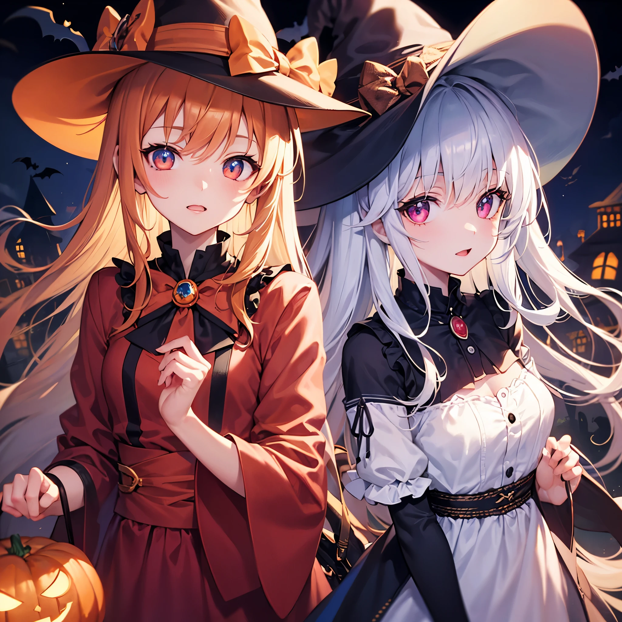 masterpiece, Best Quality,  perfect face,  highest resolution , Best Quality,Detailed depiction of the eyes,  girl, young, Soleil color hair, garnet color eyes, Halloween, witch,  Jack O Lantern, Party, night, Fantastic