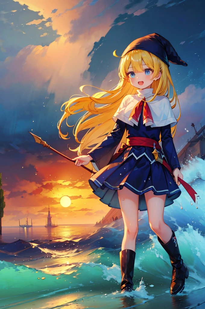 (8k,  Super High Quality , masterpiece:1.2),  ultra high resolution, cute,  girl, solo, whole body, Puyo Puyo's witch, Blonde, Blue Eyes , blue headwear ,  blue based robe,  red ribbon, White capelet, Ahoge,  long skirt , sea, Wave like a  , Bright smile,  innocent face , Open your mouth, soaked, whole bodyに水滴,  with their bodies glued together , Date, 