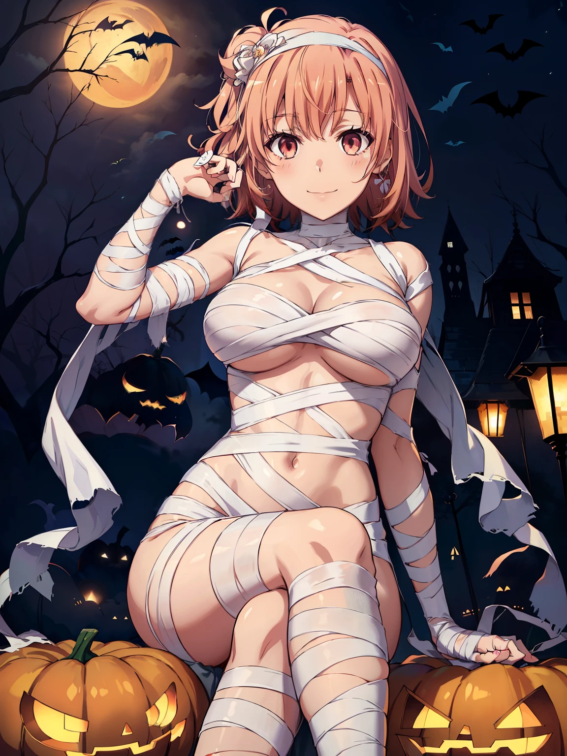 ((Best Quality,  high resolution,   perfect pixel,  4K)),  ( beautiful anime girl ),  depth of field 、

yuigahama yui,　Big Breasts、

mummy
naked bandages
bandaged arms, bandaged, Legs, BANDAGED HEAD

beautiful anime girl smiling 、

dark、night、 Halloween、 pumpkin、