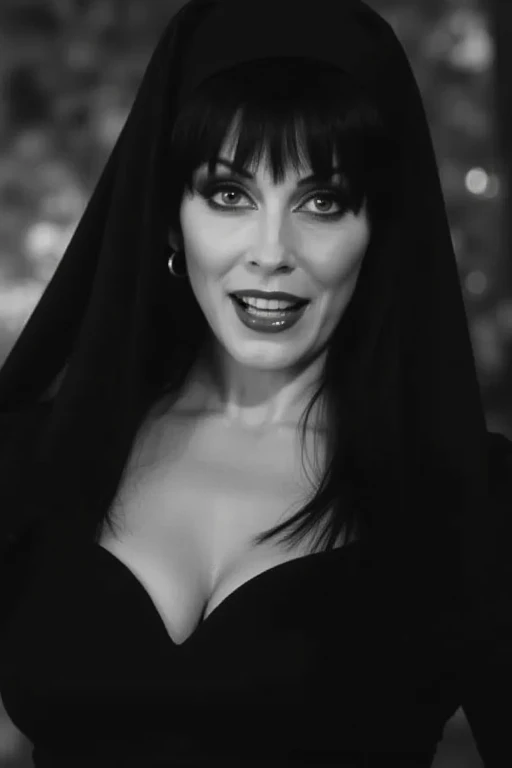 (masterpiece, best quality:1.2), 1girl, solo, vintageElvira  dressed as a nun with a HUGE cleavage, high-detail, greyscale