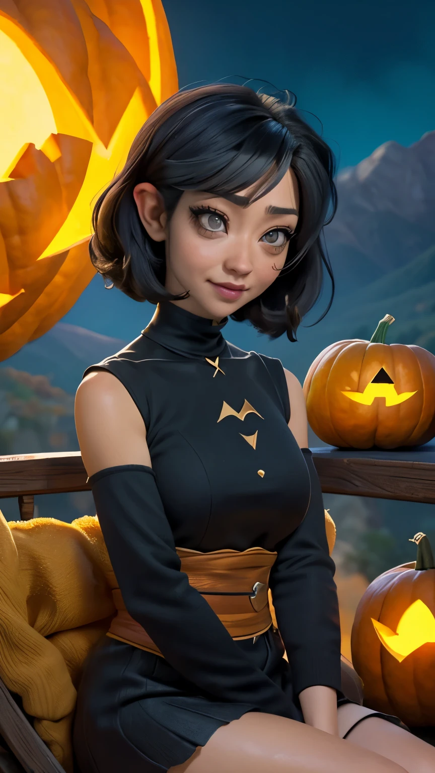 Ruth Negga,((( masterpiece ))),((The best quality))), ( Big breasts, pointed ears:1.2, Long, wide and heavy falling ),( Vulcan girl sitting in a pumpkin wagon in the mountains）, ((shoulder length straight black hair:1.3)) ，Halloween Blue Night , super realistic, Pumpkin carriages bright orange , （big moon）， ((Pumpkins around her:1.2)), pumpkin on the mountain , cloudy, detailed art, cinematic art , 24K Ultra HD resolution , blurred background, hyper-high detail
